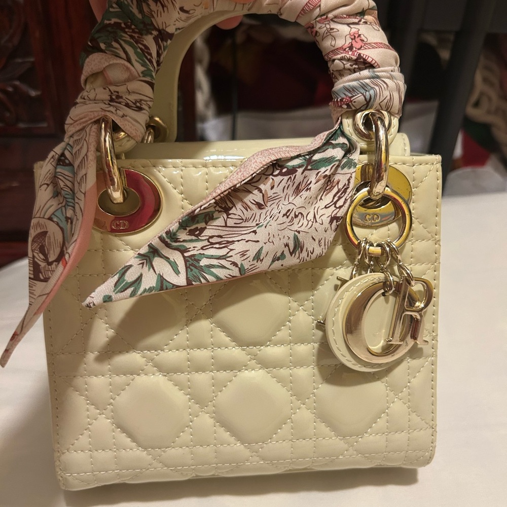 Dior Pale Yellow Quilted Lady Dior Satchel with Silk-Wrapped Handles